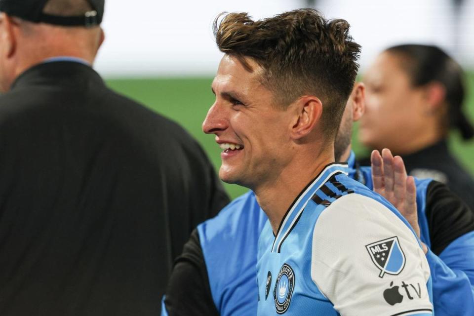 Charlotte FC midfielder Ashley Westwood smiles big as he walks off the pitch after the team’s victory over Inter Miami, 1-0, at Bank of America Stadium on Saturday, October 21, 2023 in Charlotte, NC. With the win, Charlotte FC clinches a spot in the playoffs.