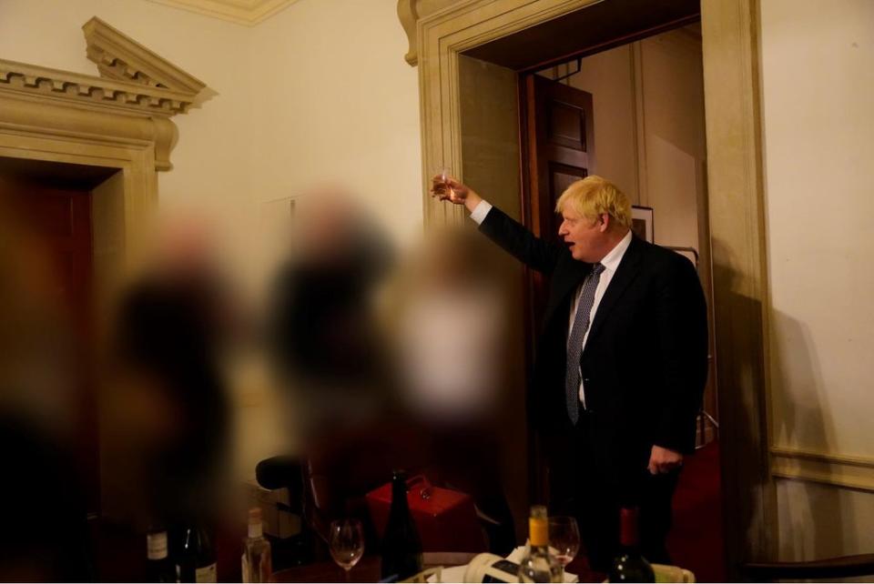 Prime Minister Boris Johnson at a gathering in 10 Downing Street for the departure of spin doctor Lee Cain (Sue Gray Report/Cabinet Office/PA) (PA Media)