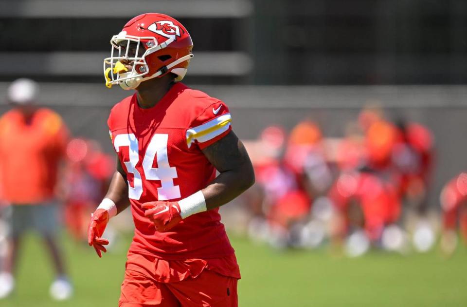 Kansas City Chiefs rookie Deneric Prince (34) runs a drill during a Chiefs rookie minicamp on Sunday, May 7, 2023, in Kansas City.