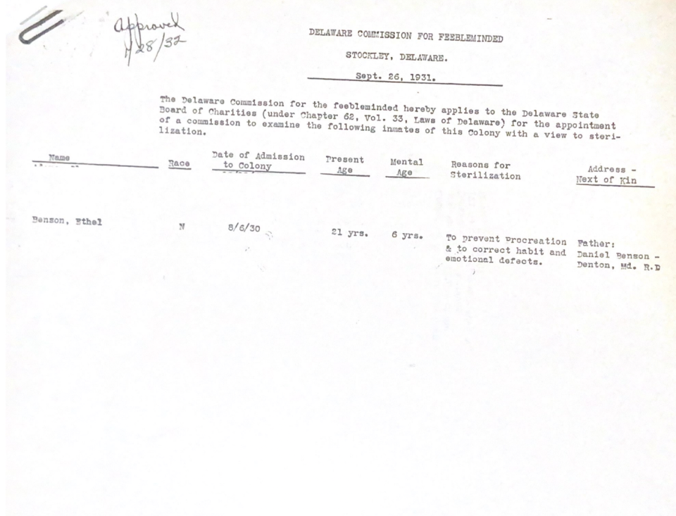 Ethel Benson's application for sterilization was submitted in September of 1931, almost after she had been at Delaware Colony for a year.