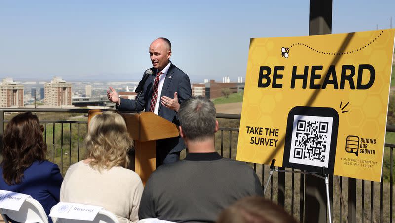 Gov. Spencer Cox speaks at the kickoff of the Guiding Our Growth statewide survey at Red Butte Garden in Salt Lake City on Thursday, May 11, 2023. The survey asks Utahns what they want for the future of the state when it comes to housing, water, transportation, open space and recreation. Utahns are invited to take the survey at https://guidingourgrowth.utah.gov/.