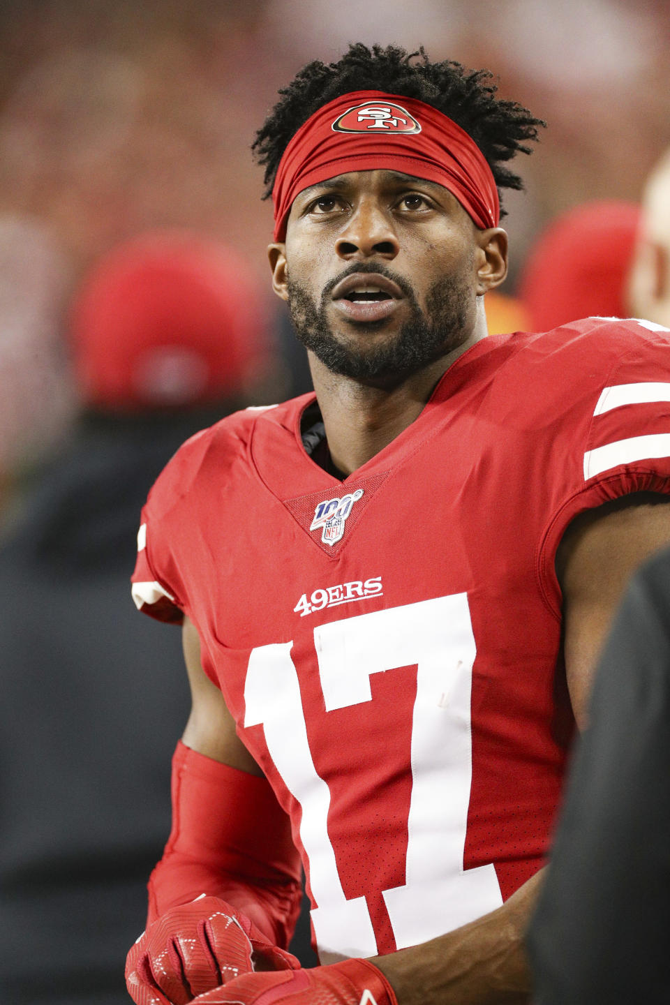 San Francisco 49ers wide receiver Emmanuel Sanders (17) takes a break in the NFL NFC Championship football game against the Green Bay Packers, Sunday, Jan. 19, 2020 in Santa Clara, Calif. The 49ers defeated the Packers 37-20. (Margaret Bowles via AP)