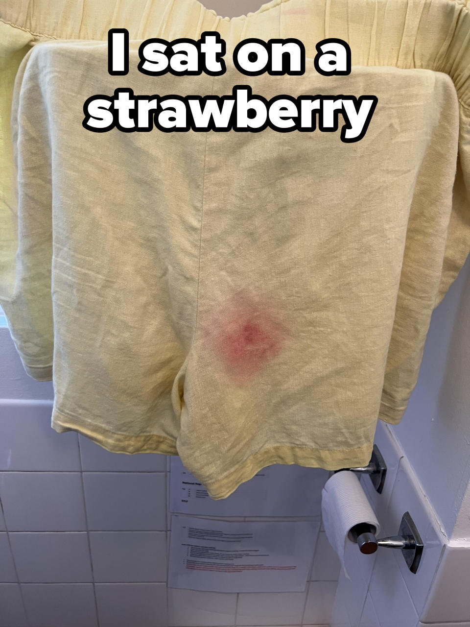 Underwear with a red stain with caption, "I sat on a strawberry"