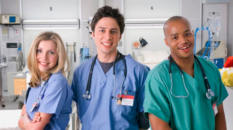 It turns out there’s actually a reason doctors in hospital wear either blue or green scrubs – and it’s not all to do with disguising dirt marks. Photo: Scrubs