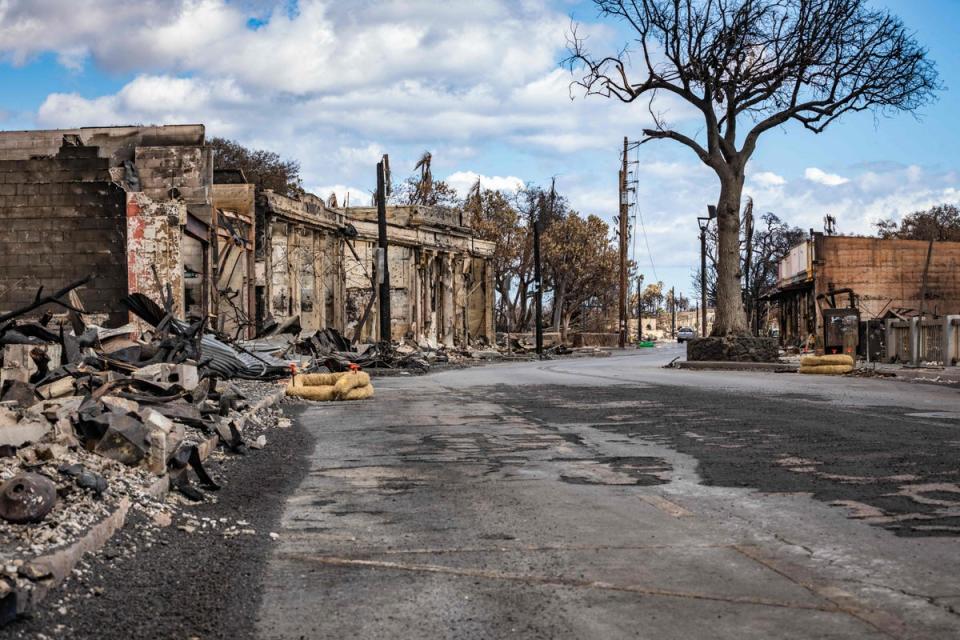 This handout image courtesy of the US Army shows damaged buildings and structures of Lahaina Town destroyed in the Maui wildfires in Lahaina, Maui, August 15, 2023 (DVIDS/AFP via Getty Images)
