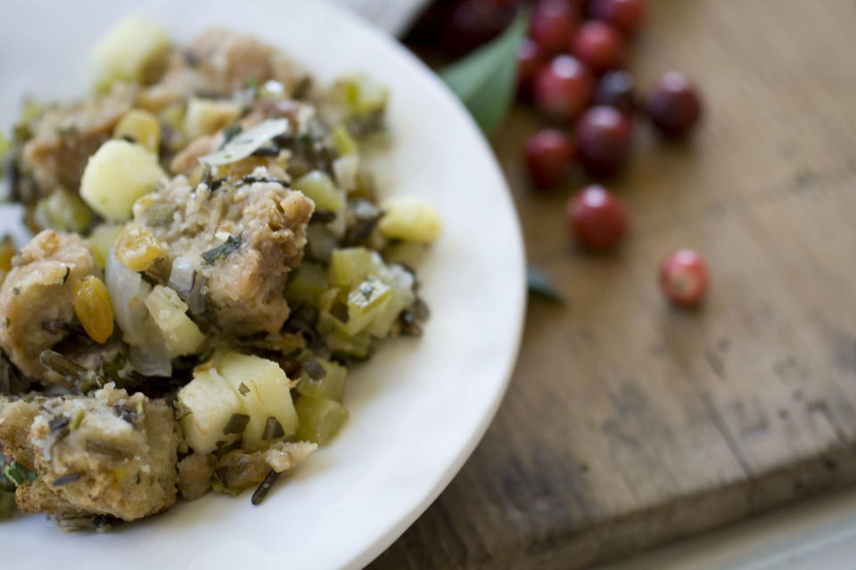 This Oct. 14, 2013 photo shows multigrain and wild rice stuffing with apples and herbs in Concord, N.H. (AP Photo/Matthew Mead)