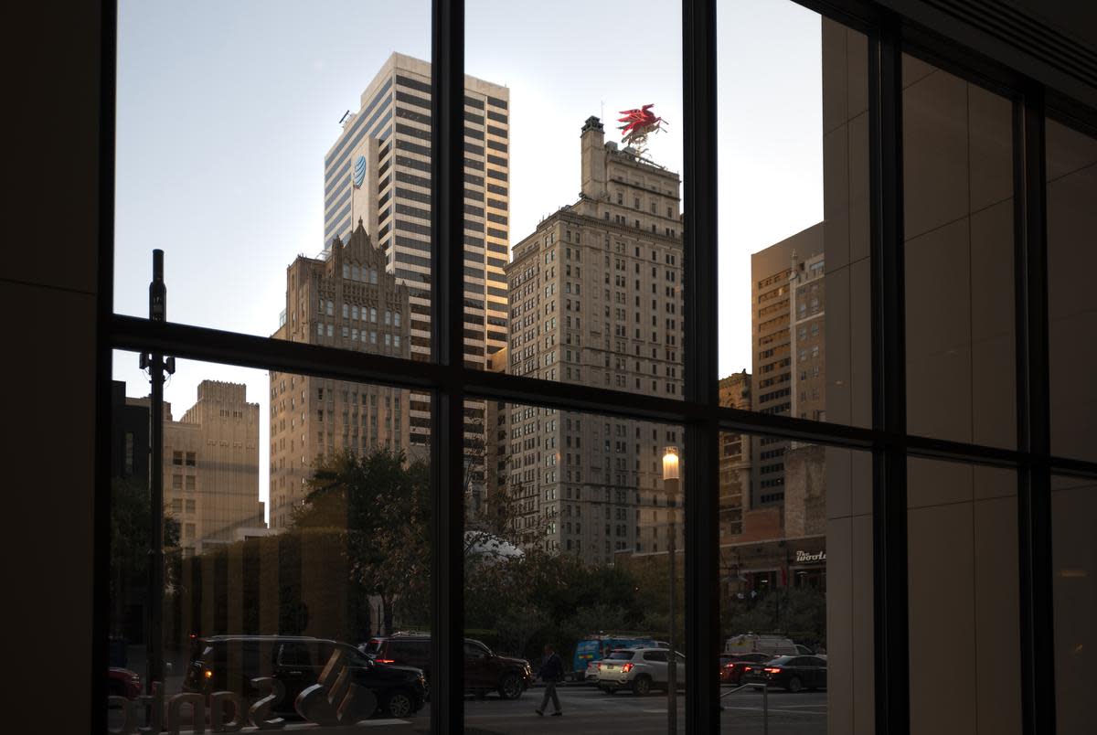 Downtown Dallas shown from inside the lobby at the Santander Tower in downtown Dallas, on Nov. 07, 2023. Texas metros have a glut of vacant offices space driven by the rise of remote work, overbuilding and other factors during the pandemic. One option companies are doing to combat the changes, is to convert office space into residential housing.