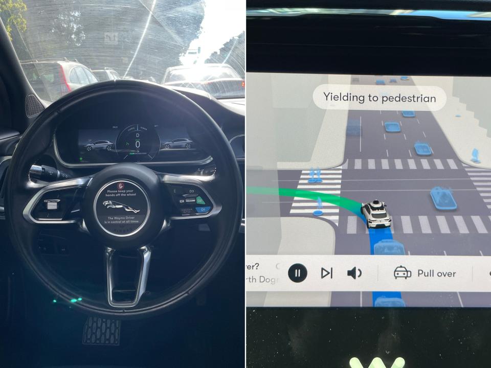 Side-by-side image of the Waymo steering wheel and the vehicle's center touch screen console.