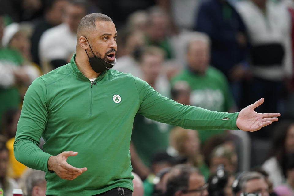 Boston Celtics coach Ime Udoka reacts during the fourth quarter of Game 6 of basketball's NBA Finals against the Golden State Warriors, Thursday, June 16, 2022, in Boston. (AP Photo/Steven Senne)