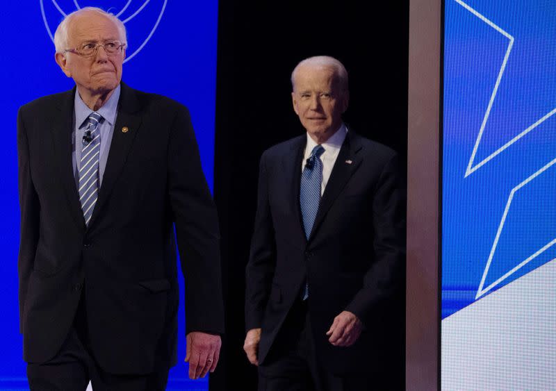 Democratic 2020 U.S. presidential candidates U.S. Senator Sanders and former Vice President Biden take the stage for the tenth Democratic 2020 presidential debate in Charleston, South Carolina, U.S.