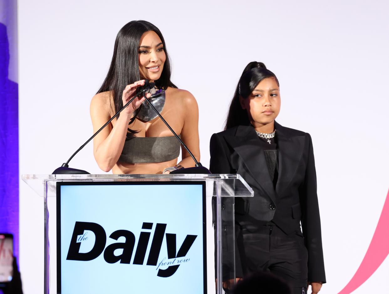 BEVERLY HILLS, CALIFORNIA - APRIL 23: (L-R) Kim Kardashian and North West speak onstage during The Daily Front Row's Seventh Annual Fashion Los Angeles Awards at The Beverly Hills Hotel on April 23, 2023 in Beverly Hills, California. (Photo by Monica Schipper/Getty Images for Daily Front Row)