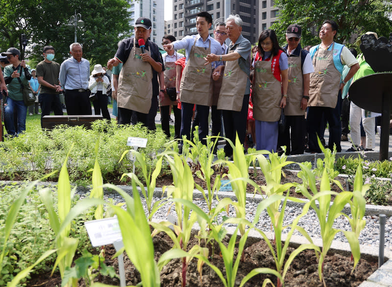 蔣萬安出席象山田園基地綠意生活開箱活動（1） 台北市長蔣萬安（前排中）8日出席「象山田園基地 綠意生活開箱」活動，與前台北市長黃大洲（前排 右）了解基地種植的植物。 中央社記者張新偉攝  113年5月8日 