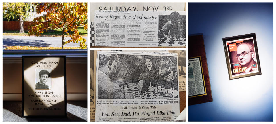 From left: A framed poster in Regan's home advertising a simultaneous exhibition (playing chess with multiple people at once) he gave at Macy's in New York City in 1973. "I was 14, not 13—they actually corrected the poster on the day, but I kept a copy of the original," says Regan; news clippings from The Record, a New Jersey based newspaper, featuring Regan at 13 (top) and 11 (bottom); a framed <em>Chess Life</em> magazine cover featuring Regan, seen on the wall at the University at Buffalo on Oct. 29.<span class="copyright">Sinna Nasseri for TIME (2); Courtesy Kenneth Regan (2)</span>