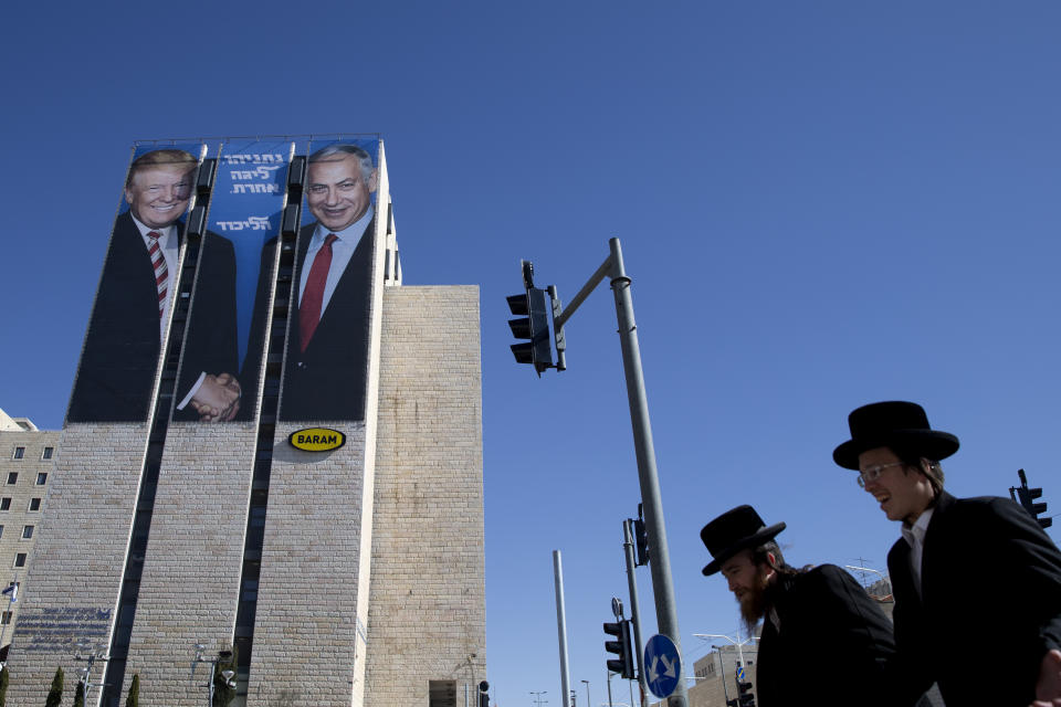 An election billboard in Jerusalem shows President Trump with Israeli Prime Minister Benjamin Netanyahu, in February. (Photo: Oded Balilty/AP)