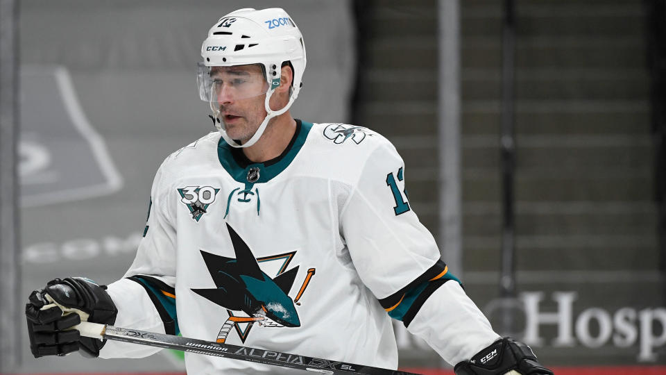 ST PAUL, MINNESOTA - APRIL 17: Patrick Marleau #12 of the San Jose Sharks looks on before a face-off against the Minnesota Wild during the second period of the game at Xcel Energy Center on April 17, 2021 in St Paul, Minnesota. Marleau tied Gordie Howe for the most games played in NHL history at 1,767th regular season games in his career by playing today. (Photo by Hannah Foslien/Getty Images)