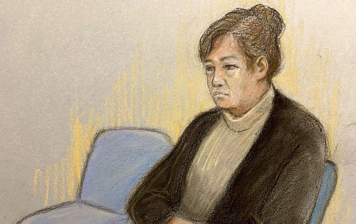 Court artist sketch by Elizabeth Cook of Christine Rawle, 69, at Exeter Crown Court charged with the murder of her husband Ian