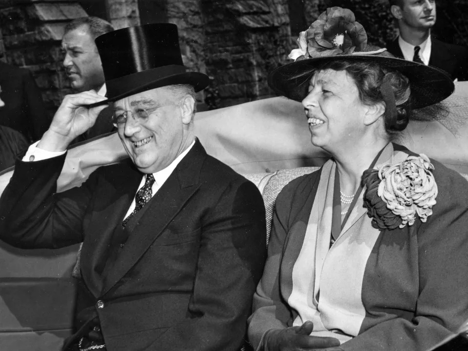 American President Franklin D Roosevelt and First Lady Eleanor Roosevelt as they leave church in 1943.