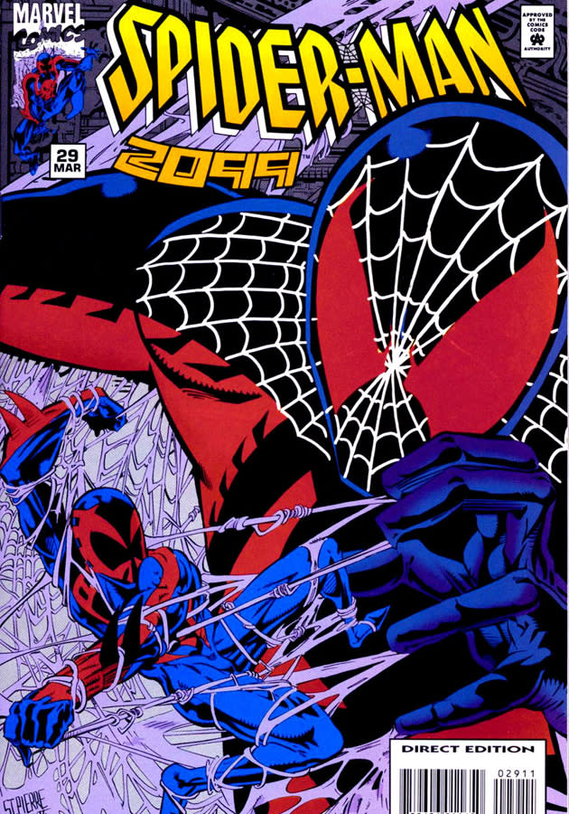 <b>Future Spider-Man</b><br><br> We look to the future in the 1992 comic ‘Spider-Man 2099’ which is set in the year (you guessed it) 2099. Spidey went dark and chose to cut out most of the colour in a massive overhaul of his signature look. (Credit: Marvel) <br><br><b>[Related video: <a href="http://uk.movies.yahoo.com/blogs/editors/exclusive-total-recall-trailer-083206999.html" data-ylk="slk:Watch the new ‘Total Recall’ trailer;elm:context_link;itc:0;sec:content-canvas;outcm:mb_qualified_link;_E:mb_qualified_link;ct:story;" class="link  yahoo-link">Watch the new ‘Total Recall’ trailer</a> ]</b>