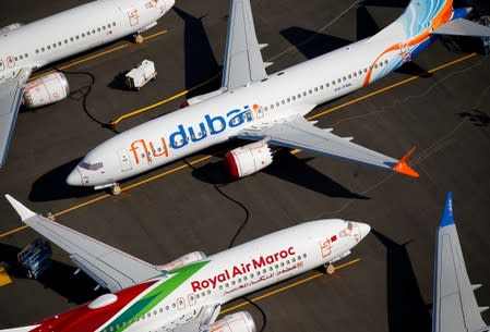 FILE PHOTO: Grounded flydubai and Royal Air Maroc Boeing 737 MAX aircraft are seen parked at Boeing Field in Seattle