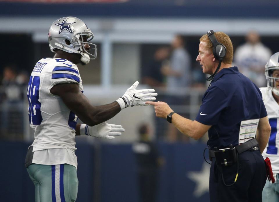 Dez Bryant, left, says he cut his hands open cutting carrots, although it's not considered serious. (AP)