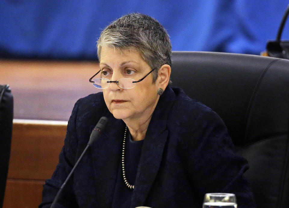 FILE - In this May 18, 2017 file photo University of California President Janet Napolitano attends a meeting of the UC Board of Regents in San Francisco. Napolitano has announced she plans to step down in August 2020. The former U.S. secretary of homeland security and Democratic governor of Arizona made the announcement Wednesday, Sept. 18, 2019, at a meeting of the university's Board of Regents. (AP Photo/Eric Risberg, File)