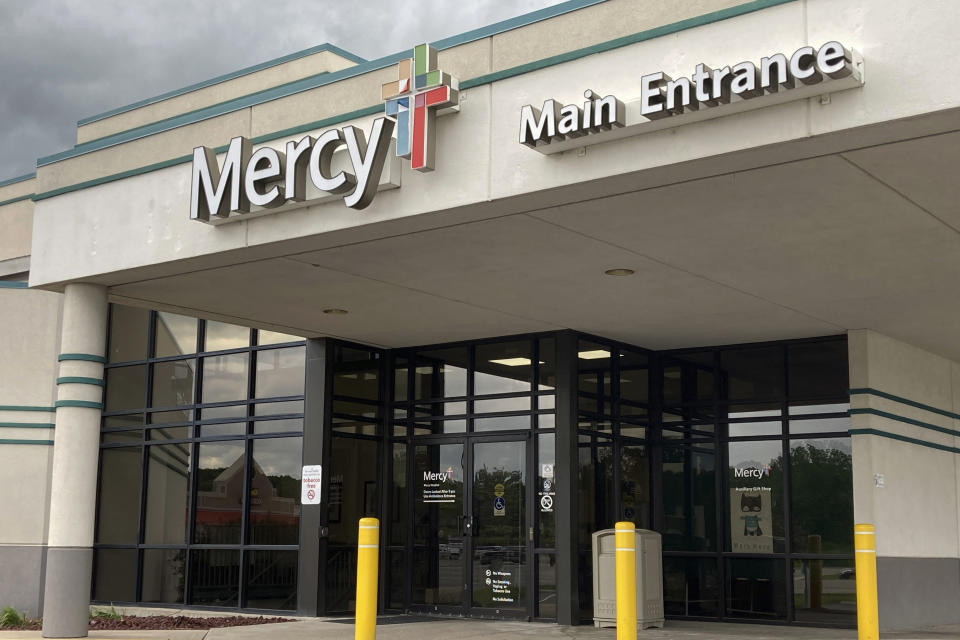 Front entrance of Mercy Hospital in Cassville, Mo, is shown on June 11, 2023. This was one of two hospitals in southwest Missouri where Dr. John Forsyth worked before he disappeared on May 21. His body, with an apparent gunshot wound, was found nine days later in a lake in northwest Arkansas. (AP Photo/Margaret Stafford)