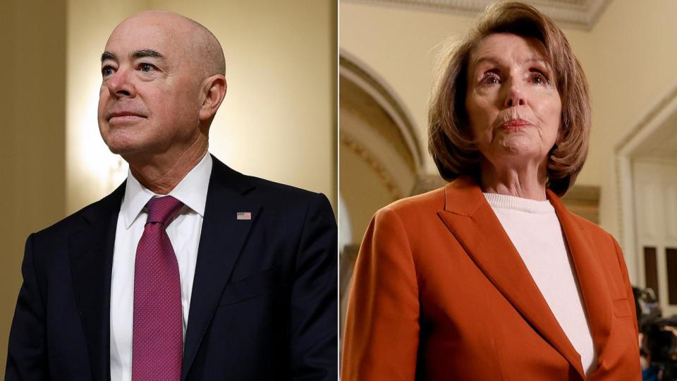 PHOTO: In this Nov. 15, 2022, file photo, Homeland Security Secretary Alejandro Mayorkas is shown in Washington, D.C. | In this Jan. 27, 2023, file photo, former Speaker of the House Rep. Nancy Pelosi is shown in Washington, D.C. (Chip Somodevilla/Getty Images, FILE | Anna Moneymaker/Getty Images, FILE)
