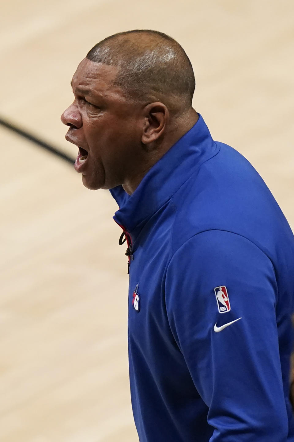 Philadelphia 76ers' coach Doc Rivers yells to his players during the first half of Game 4 of a second-round NBA basketball playoff series against the Atlanta Hawks, Monday, June 14, 2021, in Atlanta. (AP Photo/Brynn Anderson)