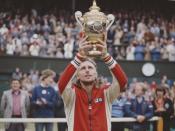 <p>Bjorn Borg holds the trophy aloft after defeating Jimmy Connors during the Men's Singles Final match in July 1978.</p>