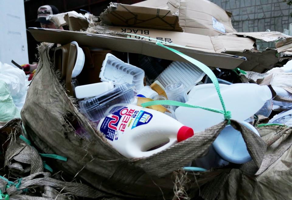 Piles of plastic waste at an apartment complex in Seoul.