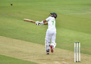 Pakistan's Mohammad Rizwan bats during the second day of the second cricket Test match between England and Pakistan, at the Ageas Bowl in Southampton, England, Friday, Aug. 14, 2020. (Glyn Kirk/Pool via AP)