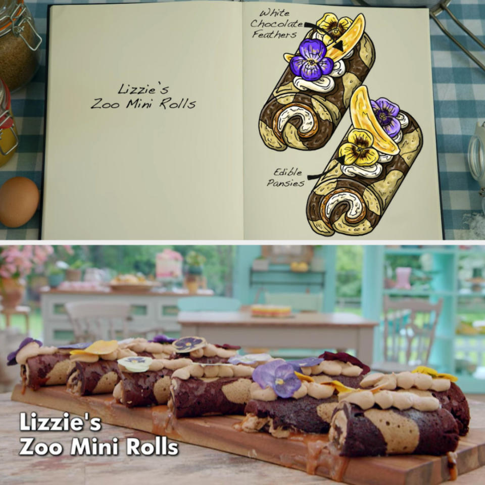 Lizzie's mini rolls decorated with edible pansies and chocolate feathers side by side with their drawing