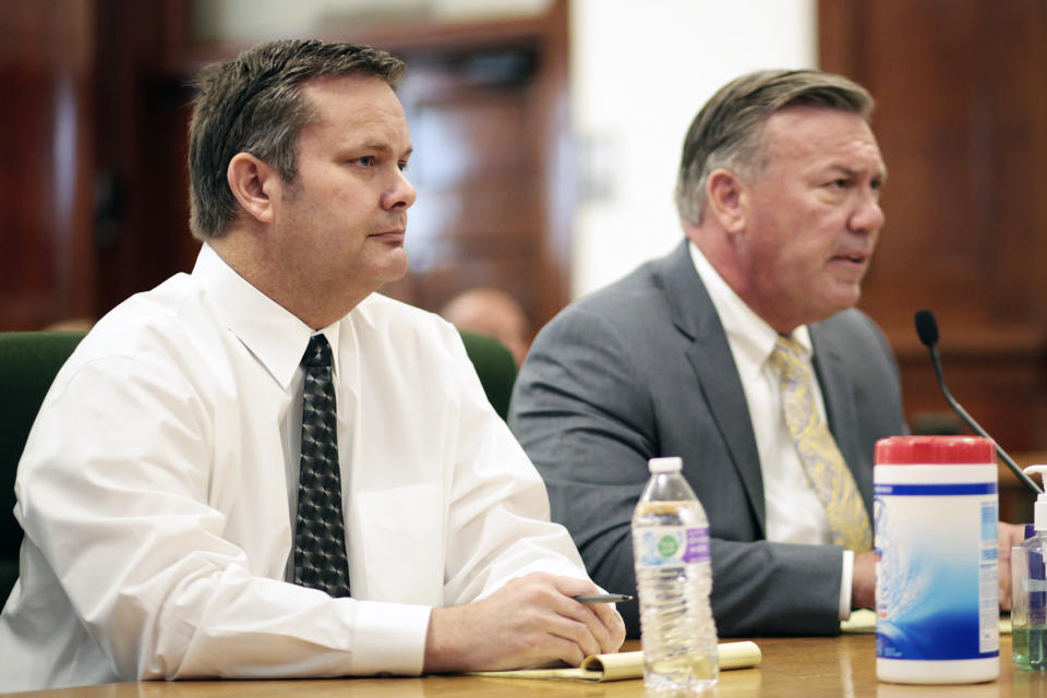 Chad Daybell, left, sits with his defense attorney John Prior during his preliminary hearing in St. Anthony, Idaho, on August 4, 2020. (John Roark / Post Register via AP pool file)