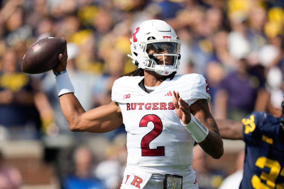 Rutgers quarterback Gavin Wimsatt (2) throws against Michigan in the first half of an NCAA college football game in Ann Arbor, Mich., Saturday, Sept. 23, 2023. (AP Photo/Paul Sancya)
