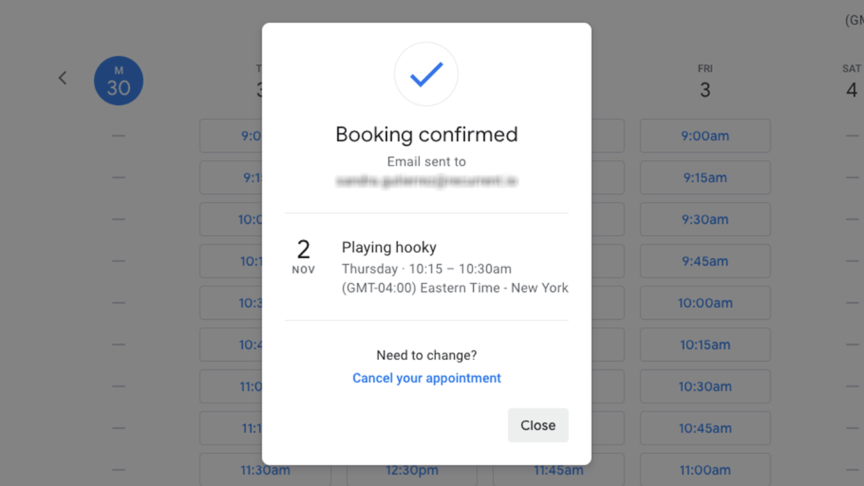 Screen showing an appointment booking confirmation notification on google calendar