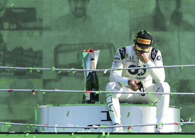 Pierre Gasly shows his emotion on the podium