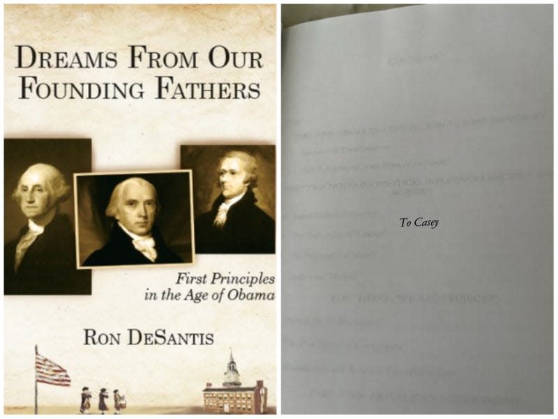 Left: The cover of Ron DeSantis' book. Right: The dedication, which reads "To Casey."