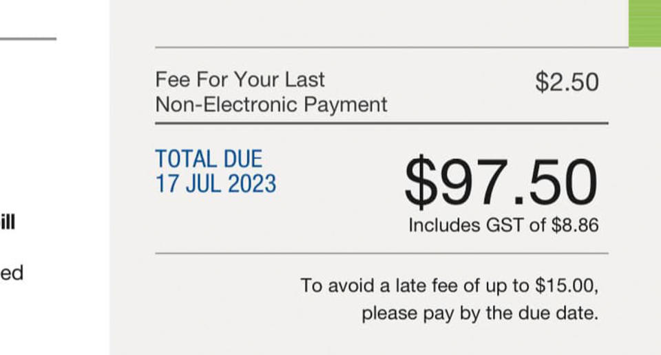 A photo of a Melbourne woman's email about her non-electronic payment to Telstra, showing a $2.50 fee.