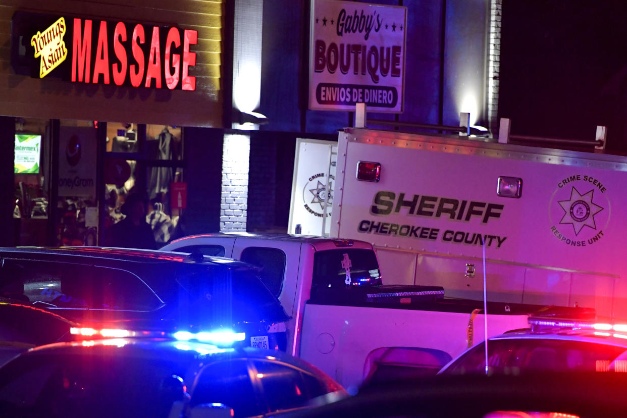 Authorities in Acworth, Georgia, investigate one of the fatal massage parlor shootings on March 16, 2021. Eight people were killed in attacks on three Atlanta-area massage parlors.  (Photo: Mike Stewart via AP)