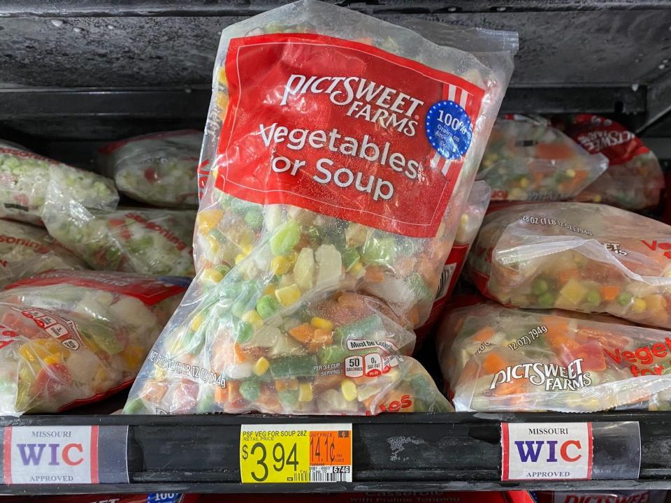 bags of soup vegetables in the freezer aisle at walmart