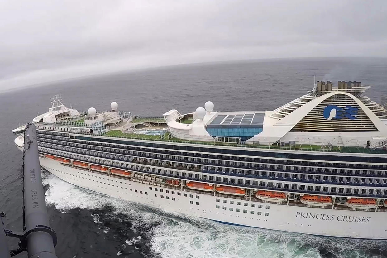 A California National Guard helicopter from the Moffett Federal Airfield based, 129th Rescue Wing deliver coronavirus test kits to the Grand Princess cruise ship off the coast of San Francisco, California, U.S. in this still image from a handout video taken March 5, 2020. Video taken March 5, 2020.    California National Guard/Handout via REUTERS    ATTENTION EDITORS - THIS IMAGE WAS PROVIDED BY A THIRD PARTY.