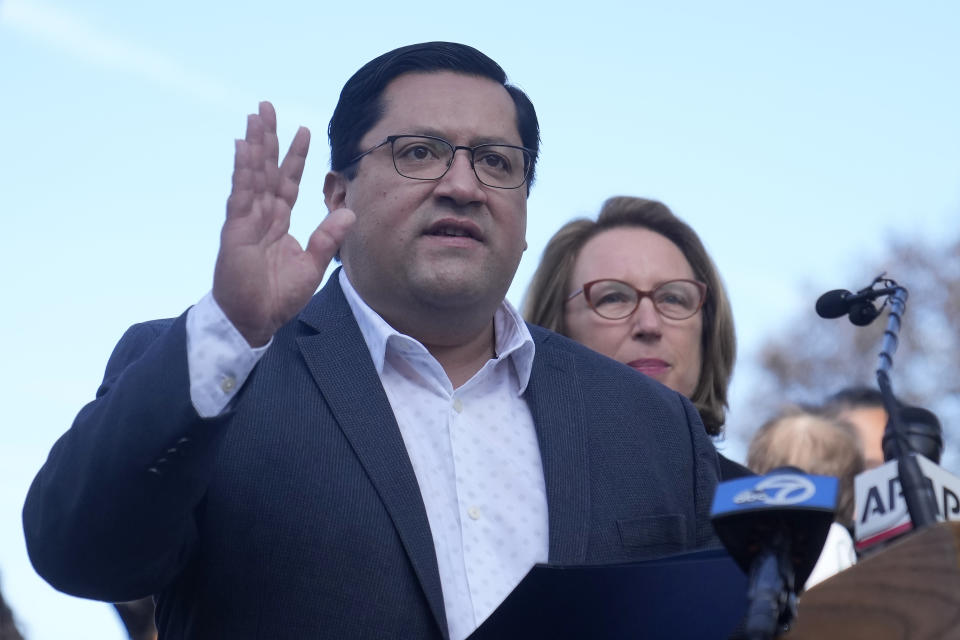Berkeley mayor Jesse Arreguín, left, speaks next to councilmember Sophie Hahn at a news conference in Berkeley, Calif., Wednesday, March 13, 2024. Berkeley's City Council voted unanimously Tuesday, March 12, 2024, to adopt an ordinance giving the title of the land to the Sogorea Te' Land Trust, a women-led, San Francisco Bay Area collective that works to return land to Indigenous people and that raised the funds needed to reach the agreement. (AP Photo/Jeff Chiu)