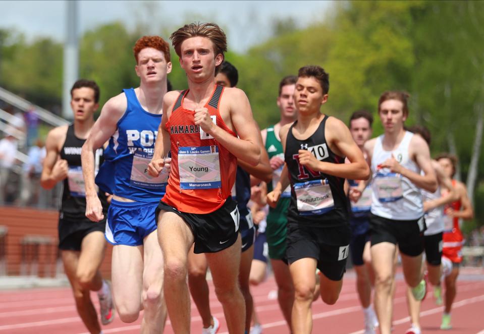 Mamaroneck's Sam Young competes in the Loucks Mile during Day 3 of the Loucks Games track and field meet at White Plains High School on Saturday, May 14, 2022.