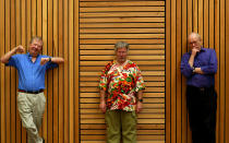 (AUSTRALIA OUT) Comedy trio The Goodies in Sydney for The Big Laugh Comedy Festival on 3 March 2005. Pictured are Tim Brooke-Taylor, Bill Oddie and Graeme Garden at the Riverside Theatre in Parramatta. SMH NEWS Picture by STEVEN SIEWERT. (Photo by Fairfax Media via Getty Images/Fairfax Media via Getty Images via Getty Images)