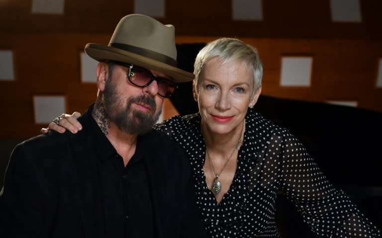 Dave Stewart and Annie Lennox, the music duo who formed the band The Eurythmics in London in 1980, pose inside Studio 3 at the EastWest Studios in Hollywood, California