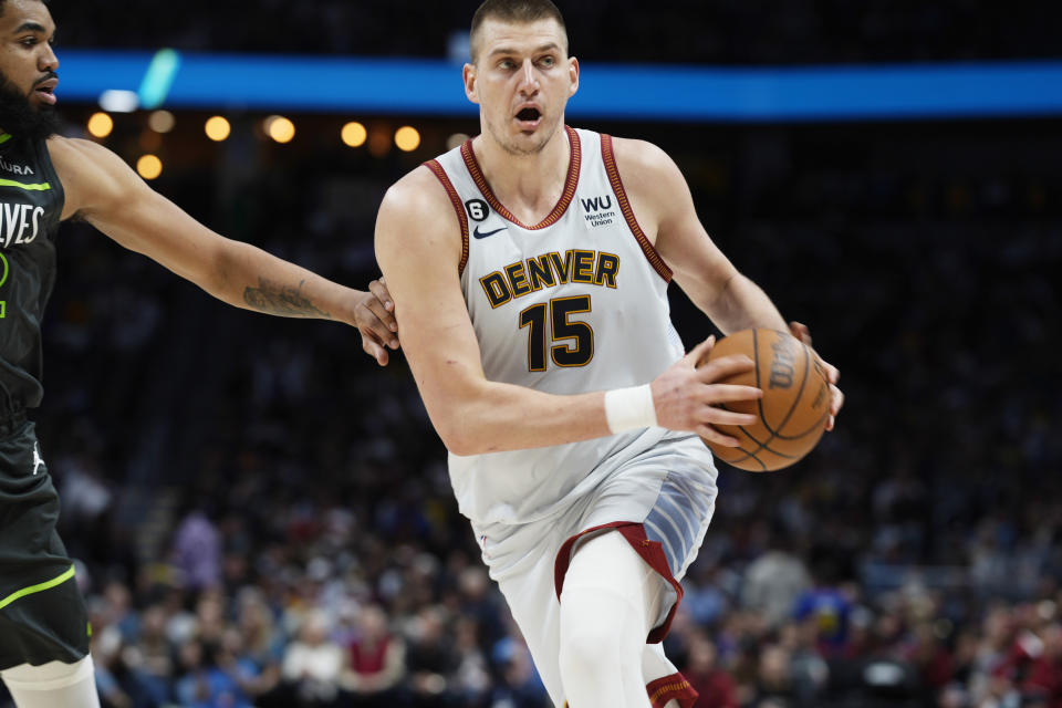 Nuggets center Nikola Jokić drives in the second half of Game 5 of an NBA first-round playoff series on April 25, 2023, in Denver. (AP Photo/David Zalubowski)