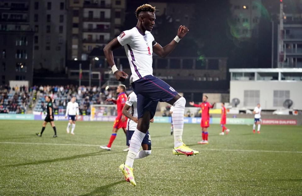 England’s Tammy Abraham celebrates his goal in Andorra (Nick Potts/PA) (PA Wire)