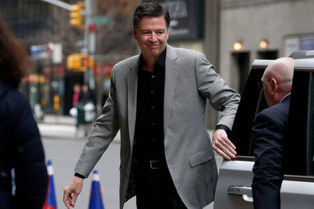 Former FBI Director James Comey arrives for a taping of "The Late Show with Stephen Colbert" in the Manhattan borough of New York City, New York, U.S., April 17, 2018. REUTERS/Brendan McDermid