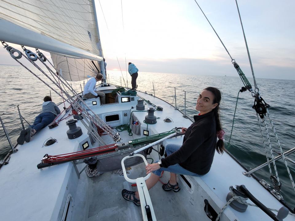 Kellen McGee driving a 1984 Schock 41 sailboat "Megavolt" during a  practice sail on Lake Erie in Cleveland on May 28, 2022.