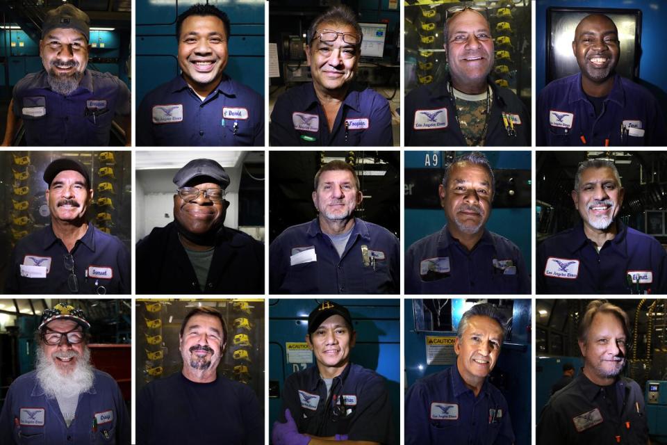 Three rows of five photos across of pressmen at the Olympic printing plant.